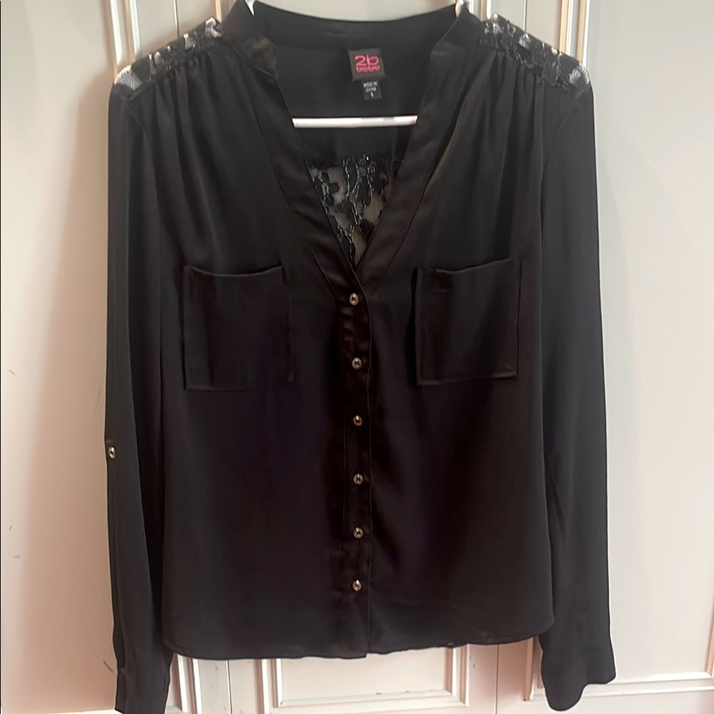 2B Bebe Black Cuffed Sleeve Blouse with Mandarin Collar